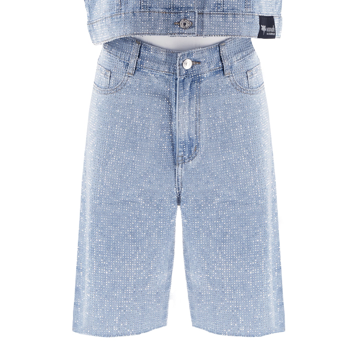 Spodenki ozdabiane cyrkoniami – niebieski jeans