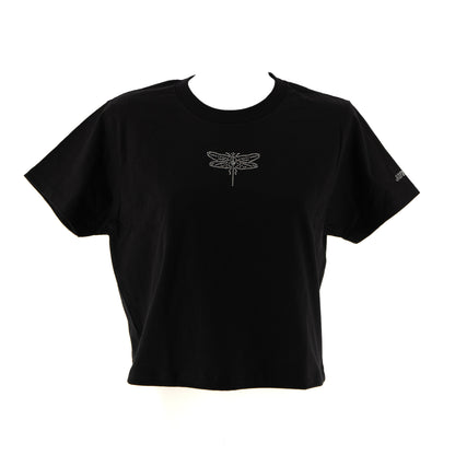 Czarna koszulka crop kids z cyrkoniową ważką