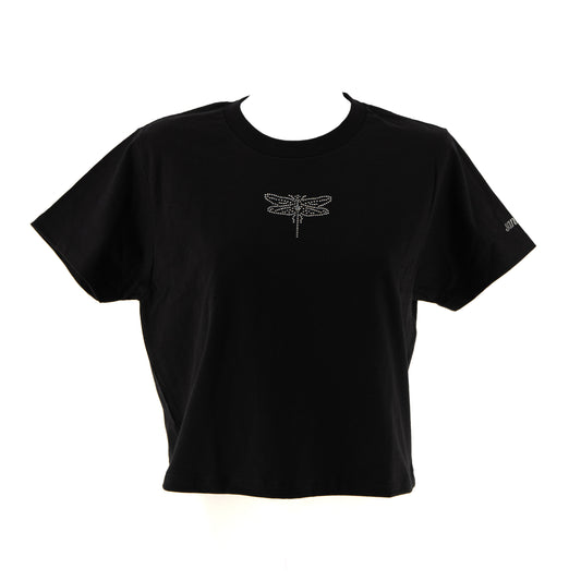 Czarna koszulka crop kids z cyrkoniową ważką