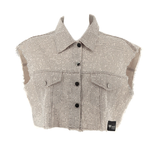 Kamizelka ozdabiana cyrkoniami oversize – beżowy jeans