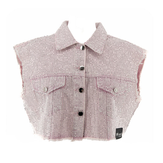 Kamizelka oversize ozdabiana cyrkoniami – różowy jeans