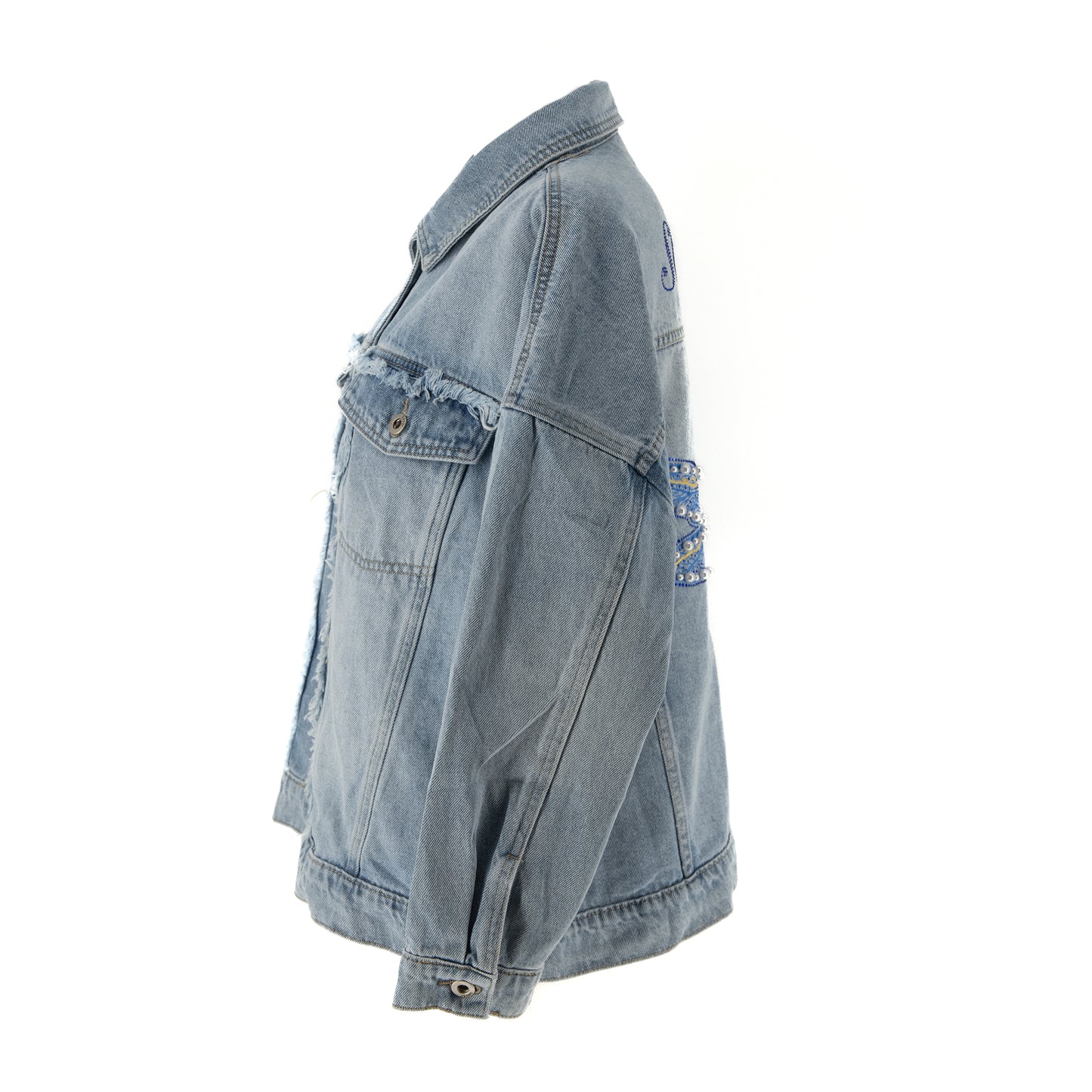 Damska kurtka oversize z haftowaną ważką bogato ozdobioną - niebieski jeans