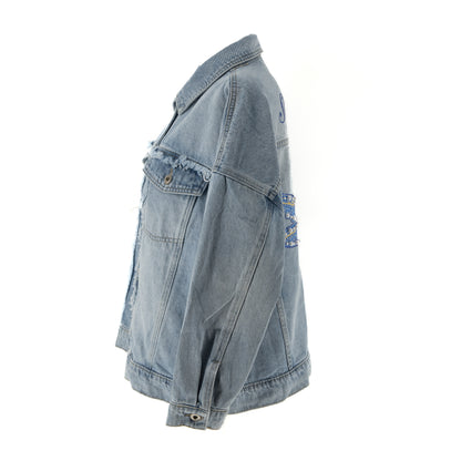 Damska kurtka oversize z haftowaną ważką bogato ozdobioną - niebieski jeans