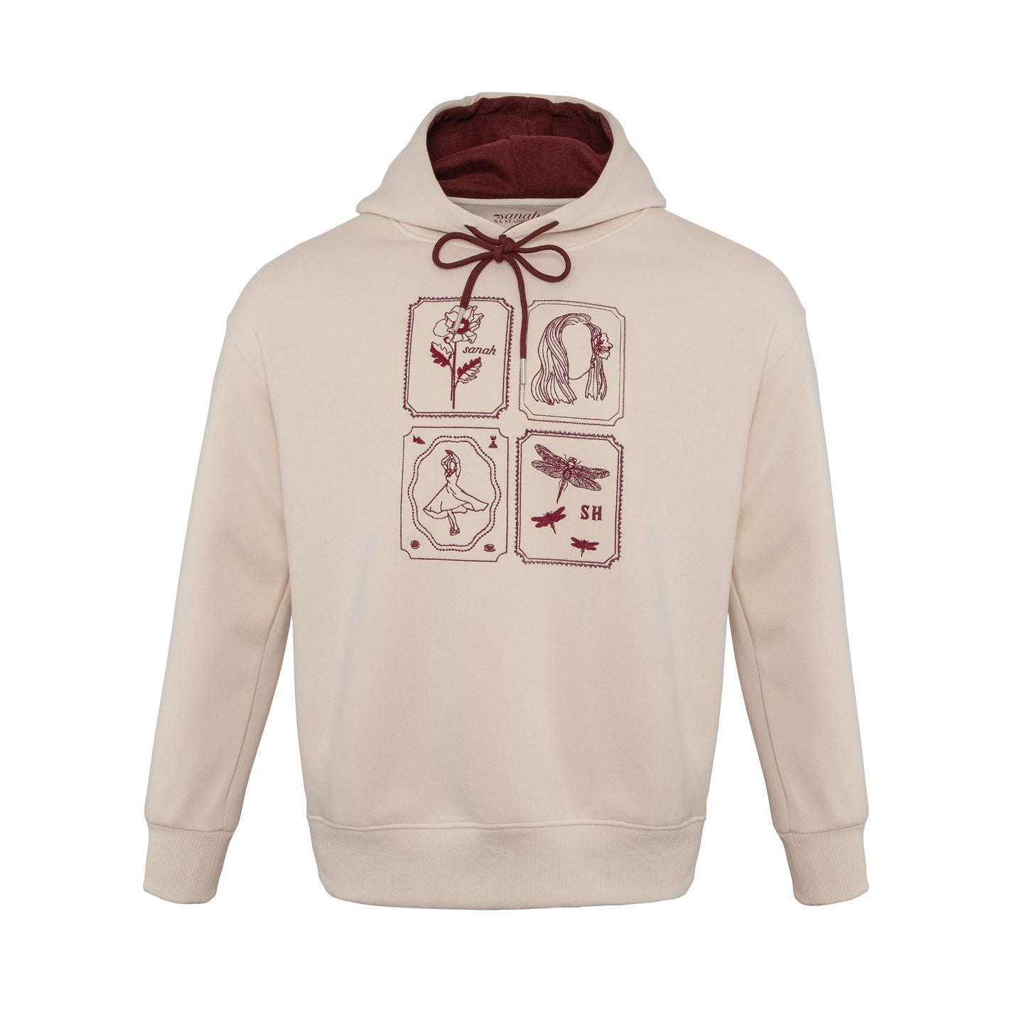 Beżowa bluza onesize z haftowanymi "sanahowymi" znaczkami