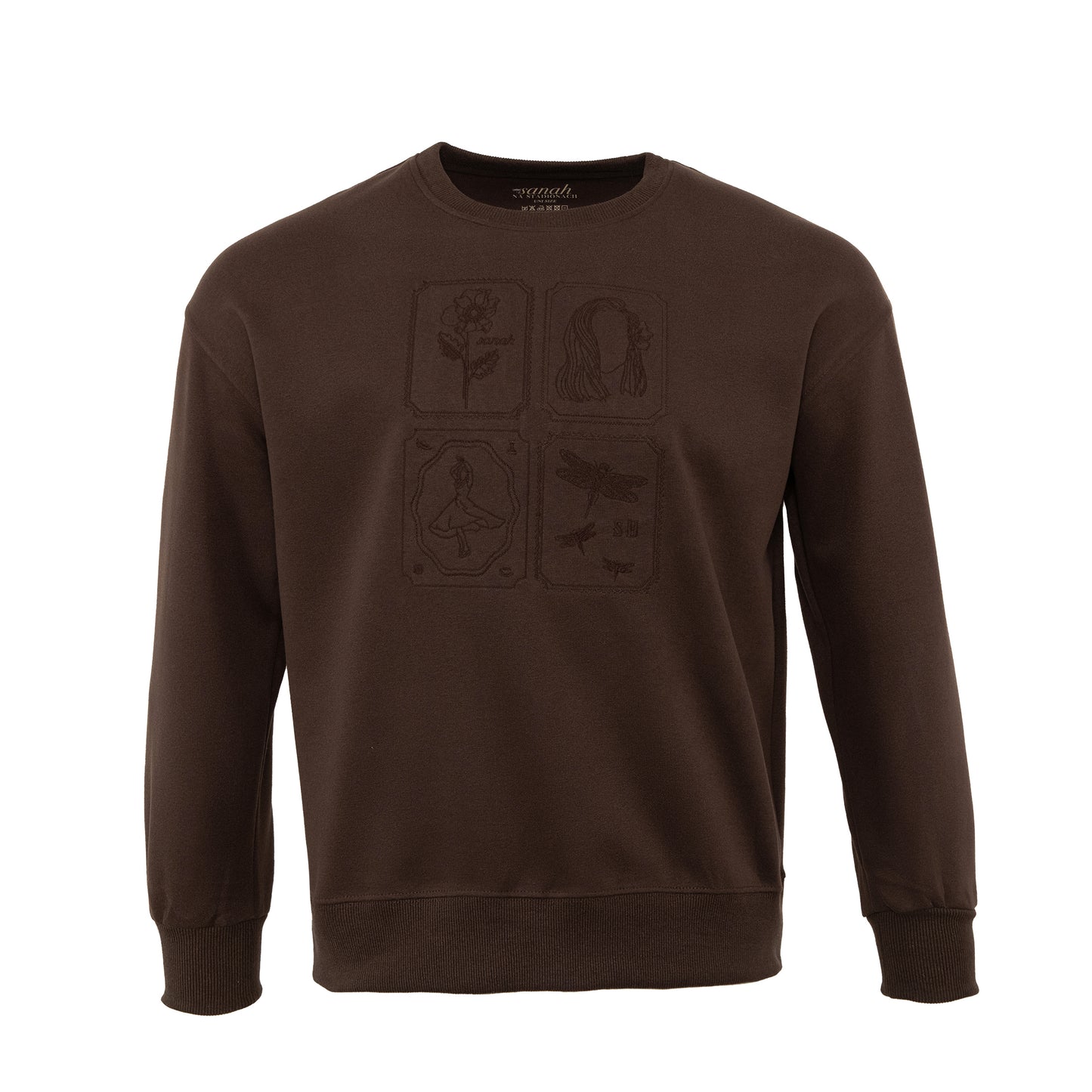 Czekoladowa bluza onesize bez kaptura z haftowanymi "sanahowymi" znaczkami