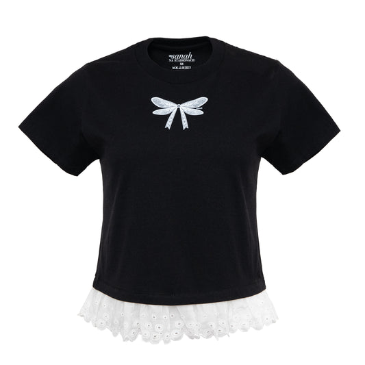 Czarna koszulka kokardka z falbanką crop oversize