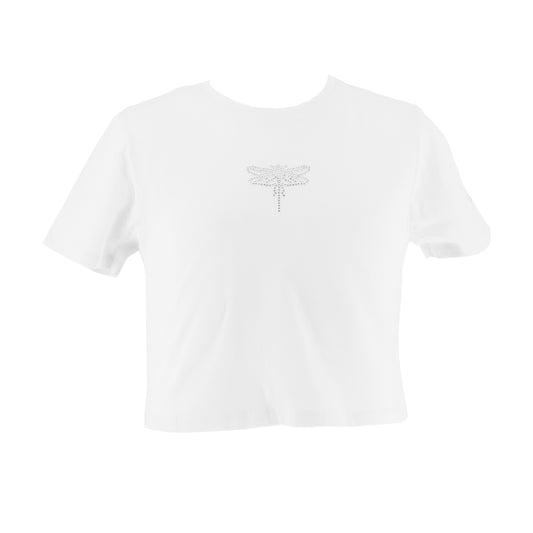 Biała koszulka crop kids z cyrkoniową ważką